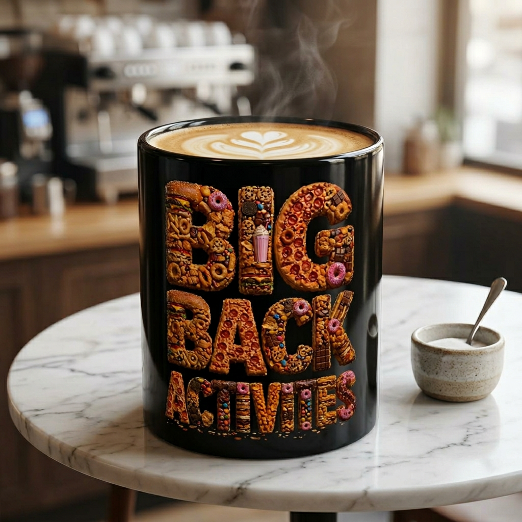 Big Back Activities Black Ceramic Mug – Funny Foodie Coffee Mug