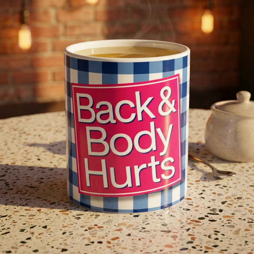 Back & Body Hurts Ceramic Mug — Funny Plaid Pain Relief Coffee Cup (11oz)