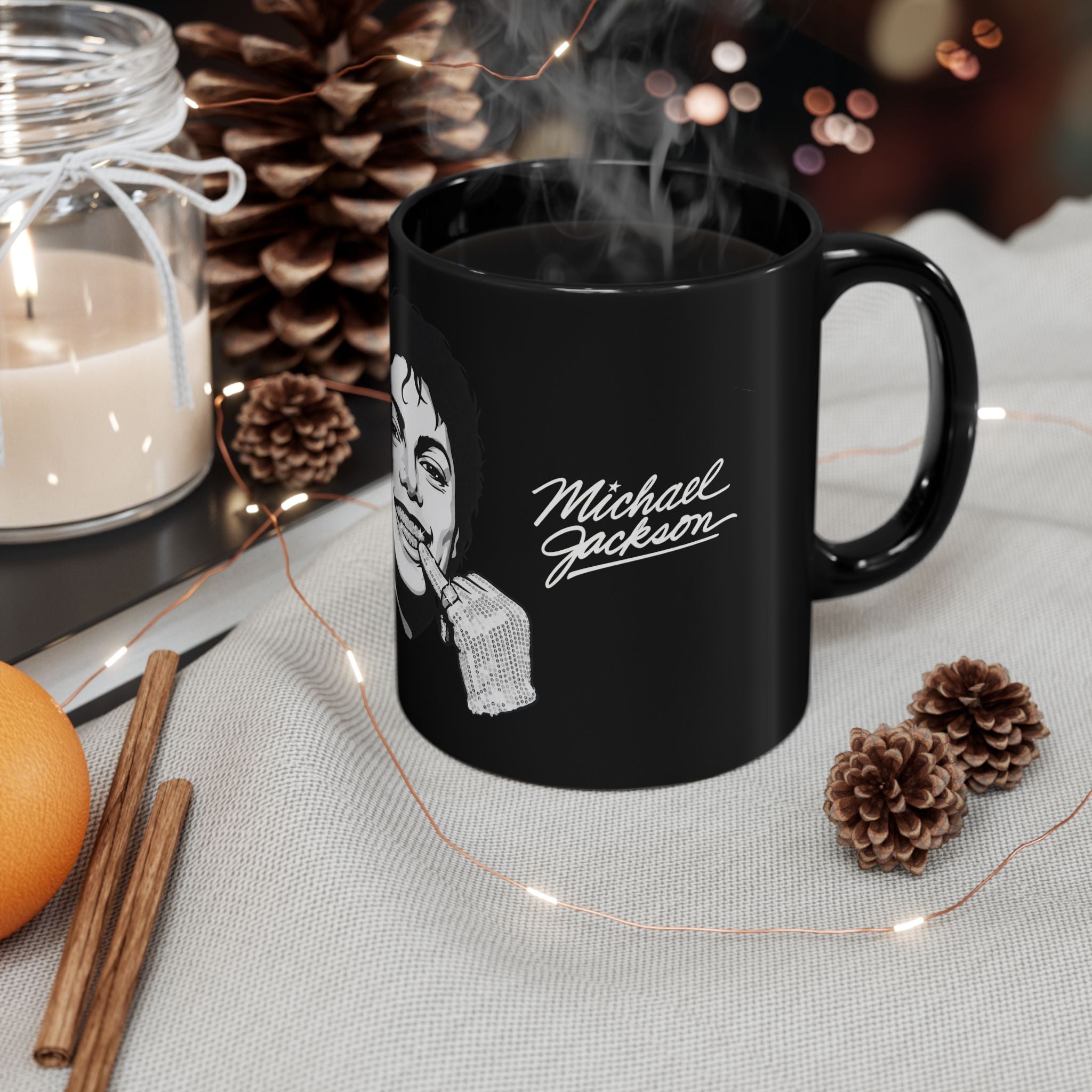 Michael Jackson Black Ceramic Mug — Icon Portrait with Signature Script